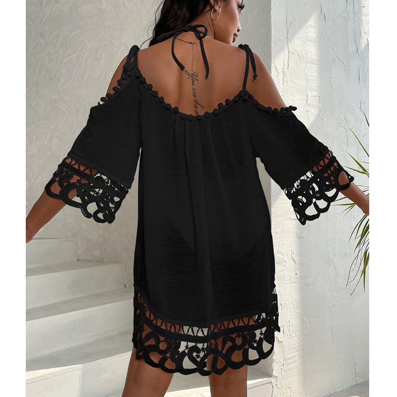 Cutout Lace off Shoulder Strap Sexy Solid Color Loose Casual Vacation Beach Sun Protection Swimsuit Blouse Bella Mia